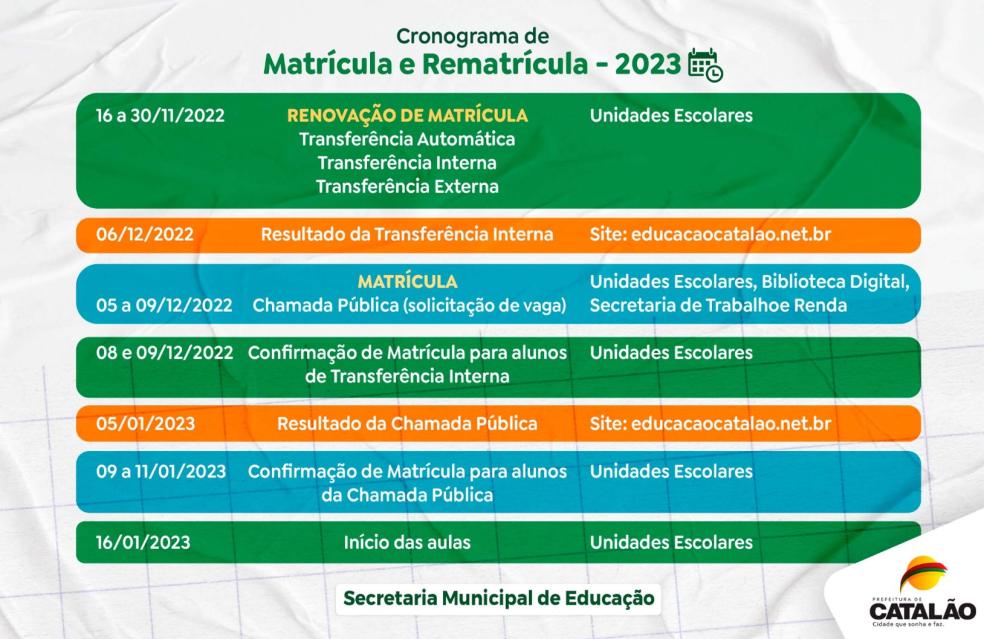 Educação divulga calendário de matrícula e rematrícula das escolas da rede pública municipal de Catalão